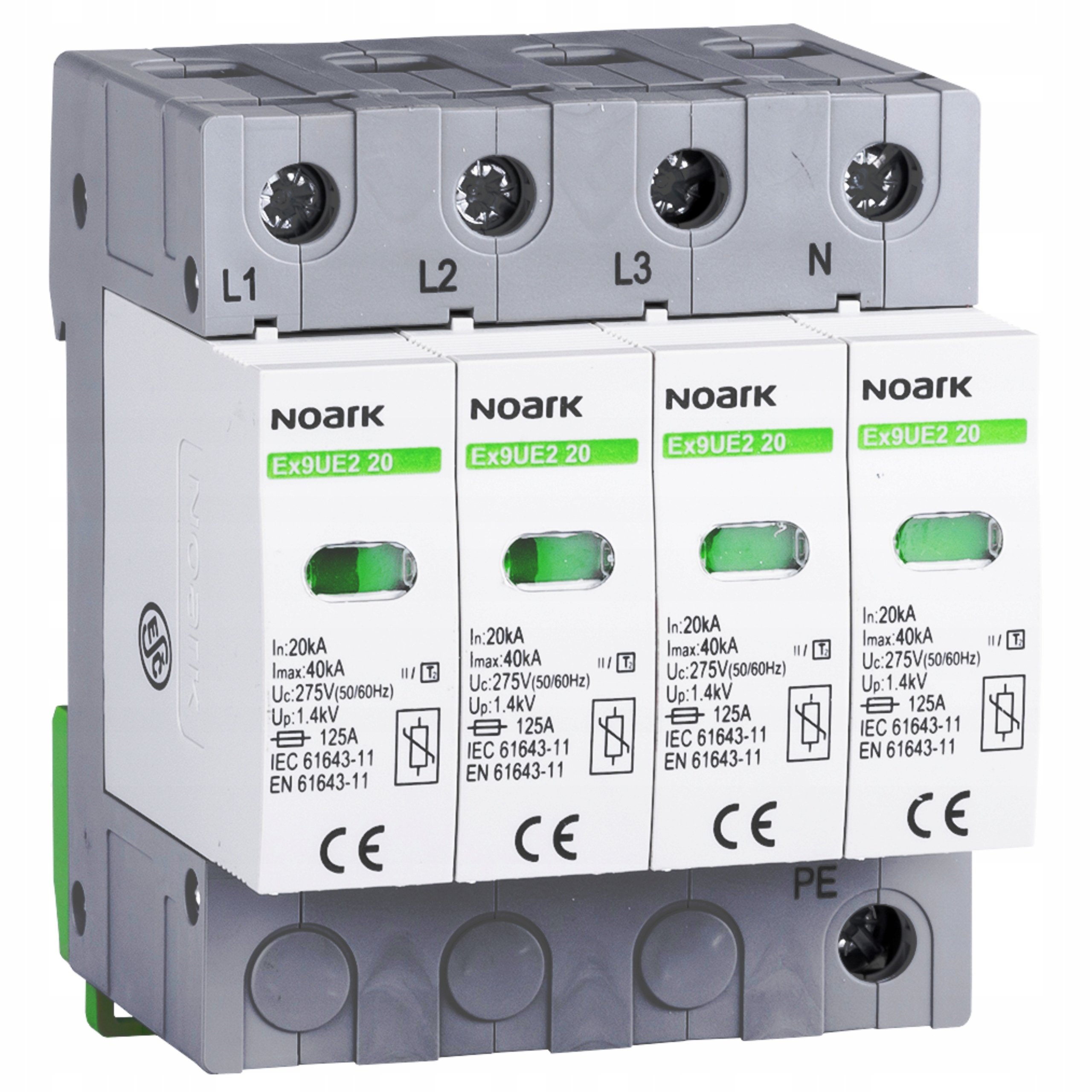 Ograniczniki przepięć Ex9UE2 20 4P 275, typ II, 275 V AC, 20 kA, wymienna wkładka, 4-bieg. NOARK 103357/NOA 8592765033581 NOARK ELECTRIC