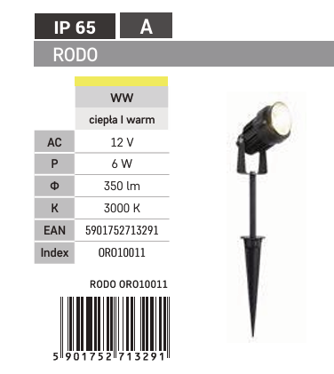 Lampa ogrodowa wbijana RODO LED Oprawa LED 6W 350Lm 3000K 45° 400x61x61 IP65, LED-POL 5901752713291/LED 5901752713291