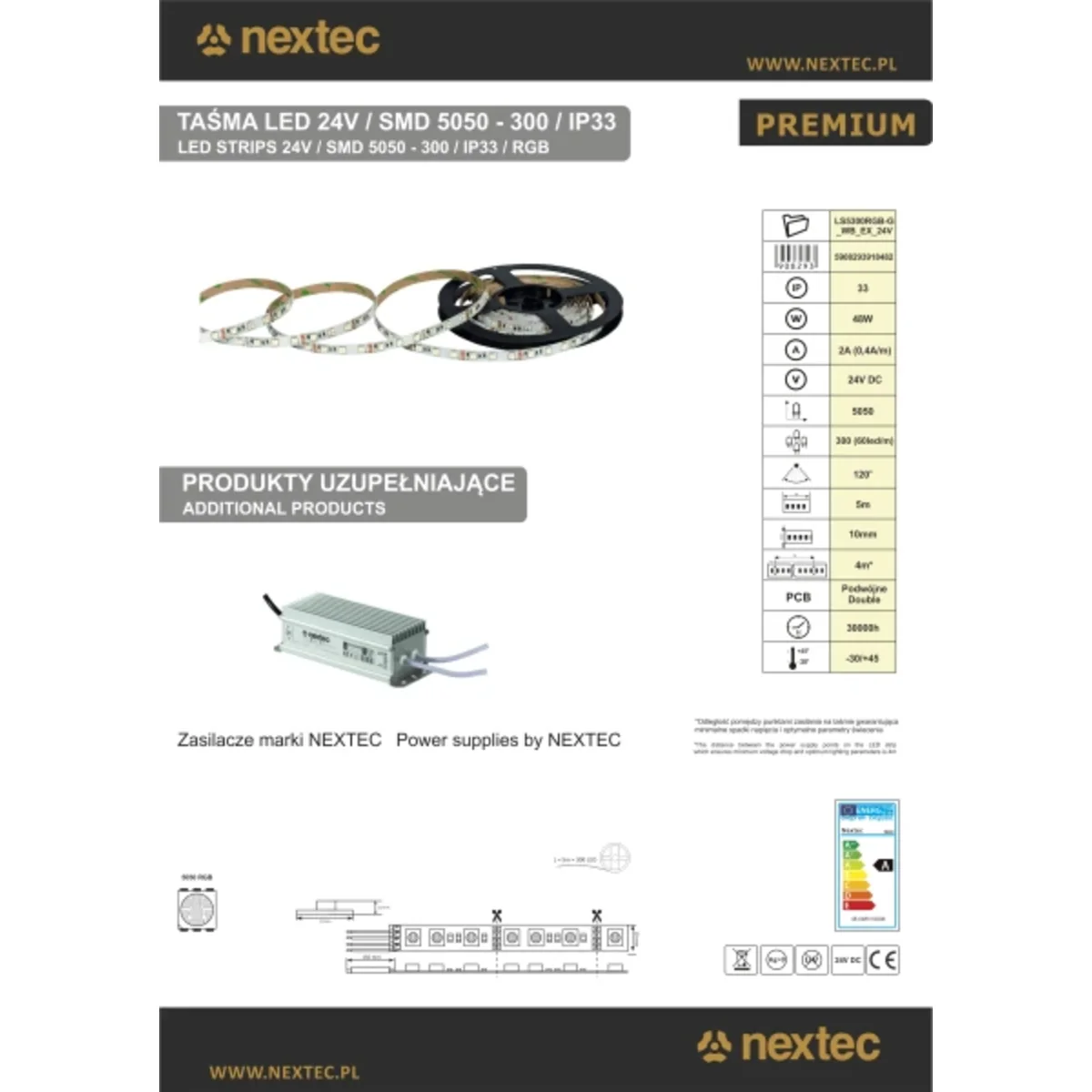 TAŚMA LED NEXTEC PREMIUM LS5300RGB-G_WB_EX_24V 24V SMD 5050 - 300 LED, IP33,  PA018482 POLTRONIC PA018482/POL 5908293918482