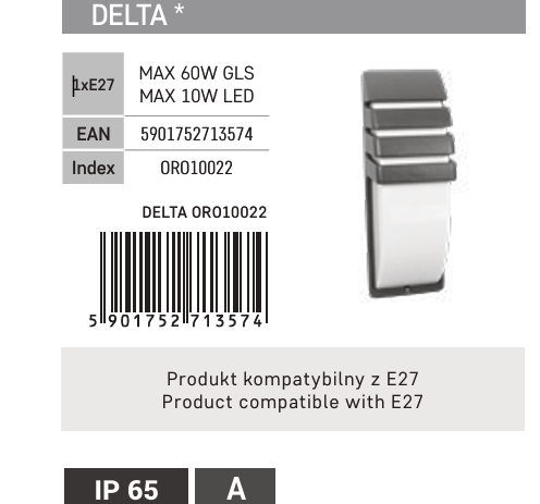Lampa ścienna elewacyjna DELTA 1xE27 max 10W LED IP54 LED-POL 5901752713574/LED 5901752713574