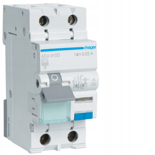 RCBO Wyłącznik różnicowoprądowy z członem nadprądowym 1P+N 6kA B 10A/30mA Typ A ADA910D/HAG 3250611010623 Hager Polo sp. z .o.