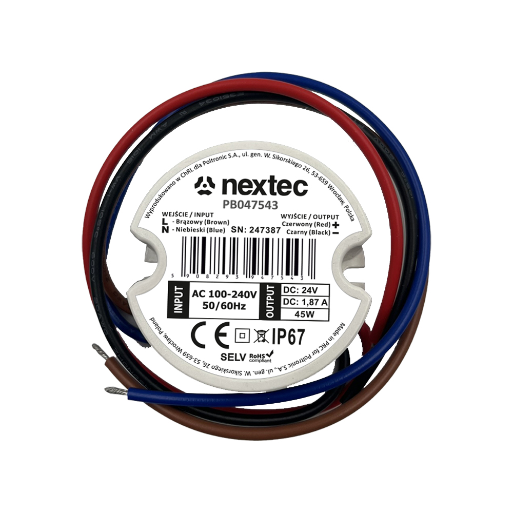 PB047543 ZASILACZ OKRĄGŁY 50mm / 24V / IP67 / 1,87A / 45W POLTRONIC PB047543/POL 5908293947543 POLTRONIC S.A.