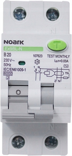 Wyłącznik różnicowoprądowy Ex9BL-N 1P+N C16 30mA z zabezp. nadpr., Icn=6kA, 1+Nbieg. char. C, In=16A, typ AC, NOARK 107630/NOA 8592765076311