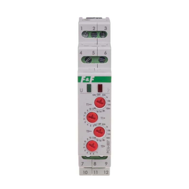 Przekaźnik czasowy 2-funkcyjny (nastawa 2 czasów T1 T2, styk: 2xNO/NC 230V, PCU-507 FILIPOWSKI PCU-507/FIF 5908312594413