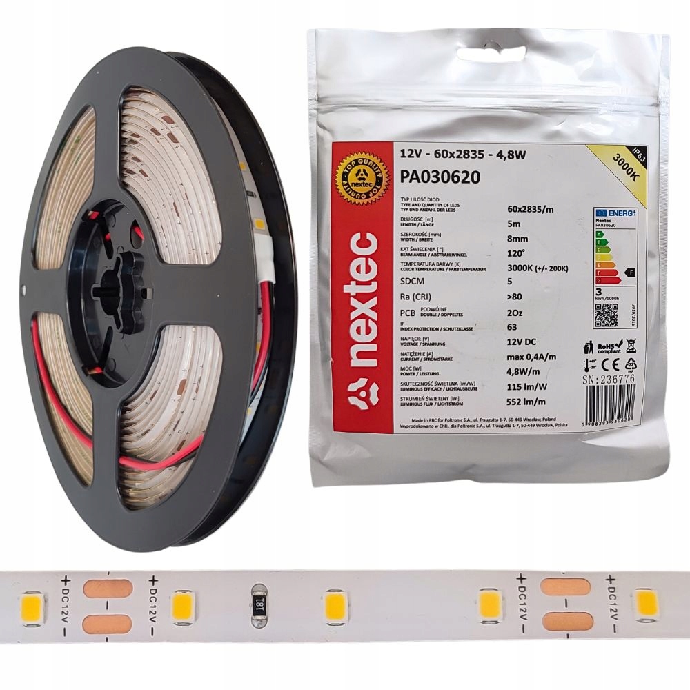 TAŚMA LED NEXTEC ST PA030620 12V 2835 4,8W 60 LED IP63 3000K +/-200K / 70lm/W / dl.5m szer.8mm PA030620 POLTRONIC PA030620/POL 5908293930620 POLTRONIC S.A.