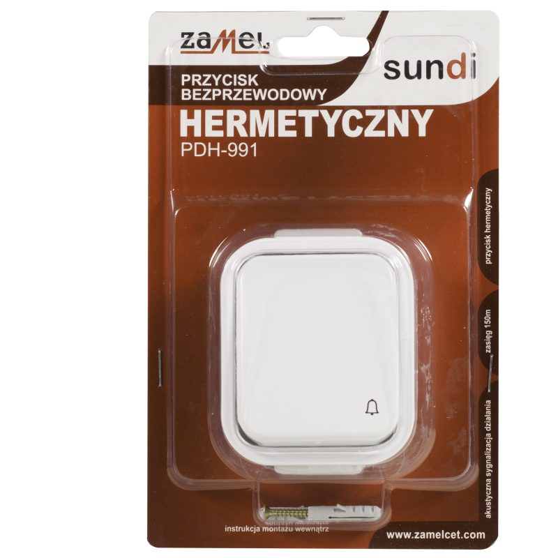 PRZYCISK BEZPRZEWODOWY DZWONEK HERMETYCZNY ZAŚ. 150M TYP: PDH-991, SUN10000015, ZAMEL SUN10000015/ZAM 5903669002918
