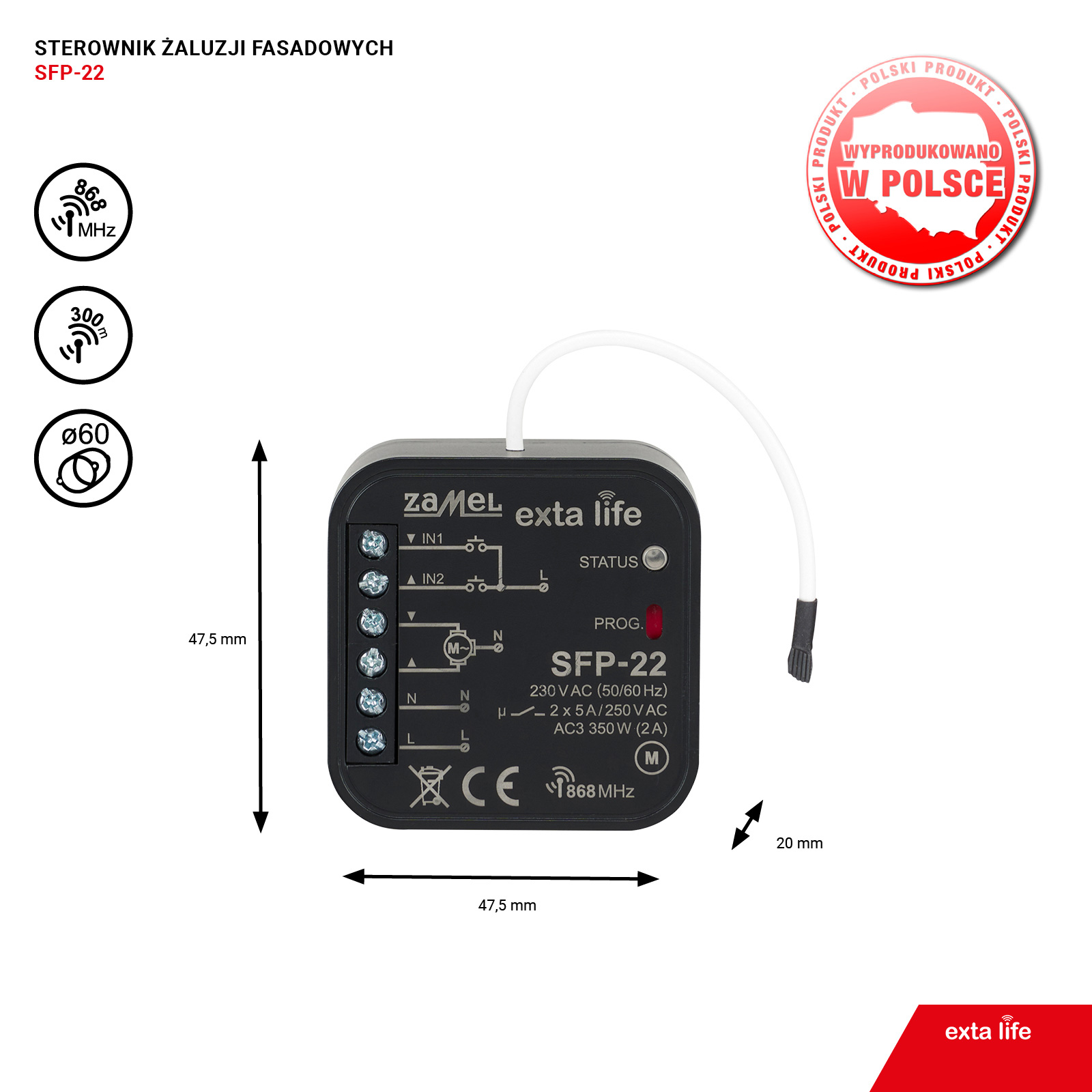 RADIOWY STEROWNIK ŻALUZJI FASADOWYCH DOPUSZKOWY DWUKIERUNKOWY TYP: SFP-22, EXL10000062, ZAMEL EXL10000062/ZAM 5903669496342