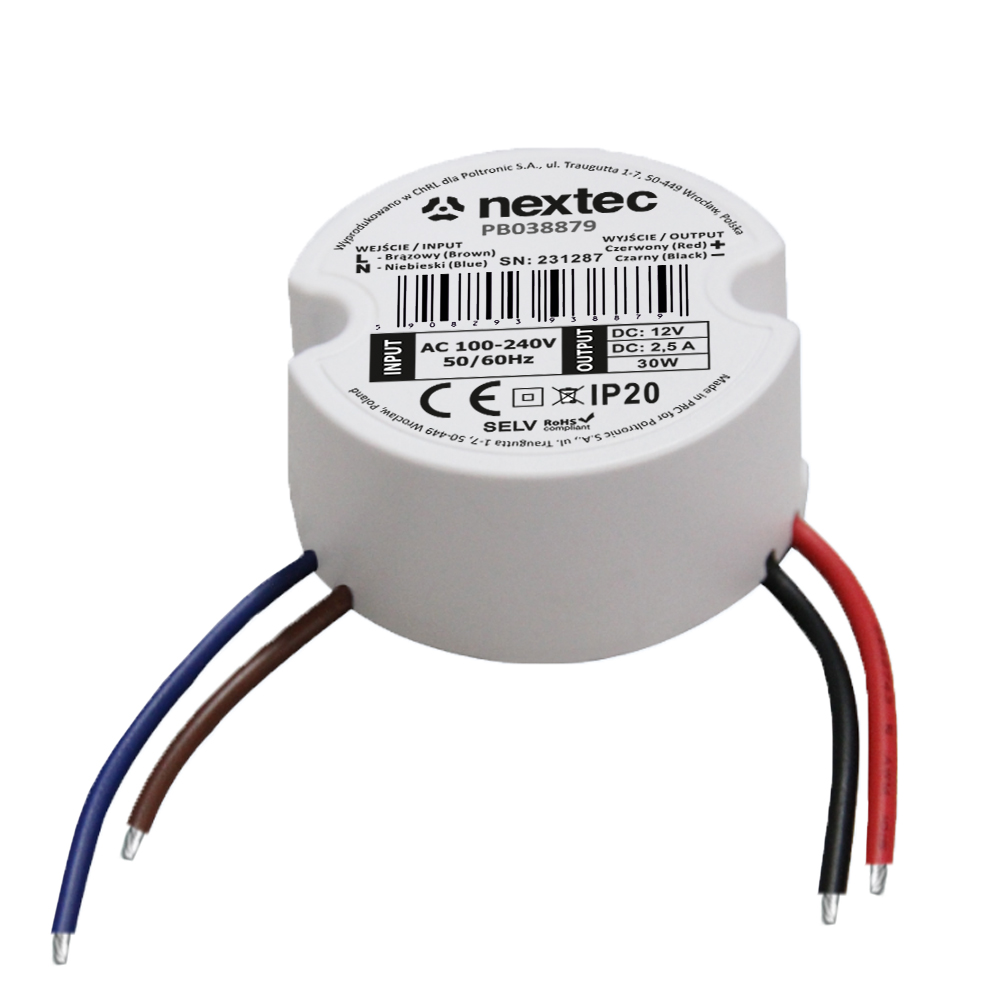 PB038879 ZASILACZ OKRĄGŁY 50mm / 12V / IP20 / 2,5A / 30W PB038879/POL 5908293938879 POLTRONIC S.A.
