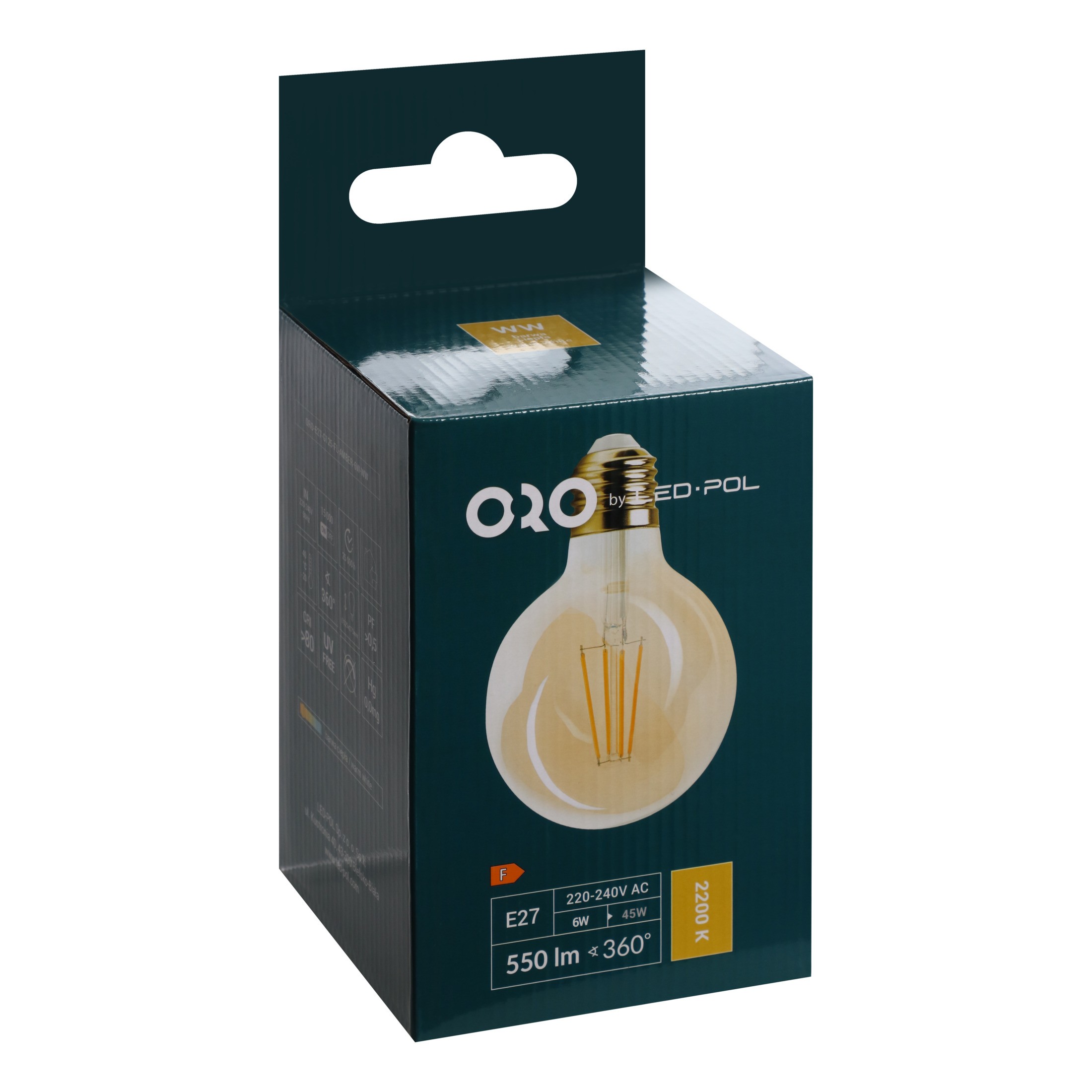 Żarówka LED E27 G125 FL AMBER, 6W,barwa ciepła, Filament, 550 lm, 2200K, klasa energetyczna  F, LED-POL 5902533190614/LED 5902533190614 LED-POL