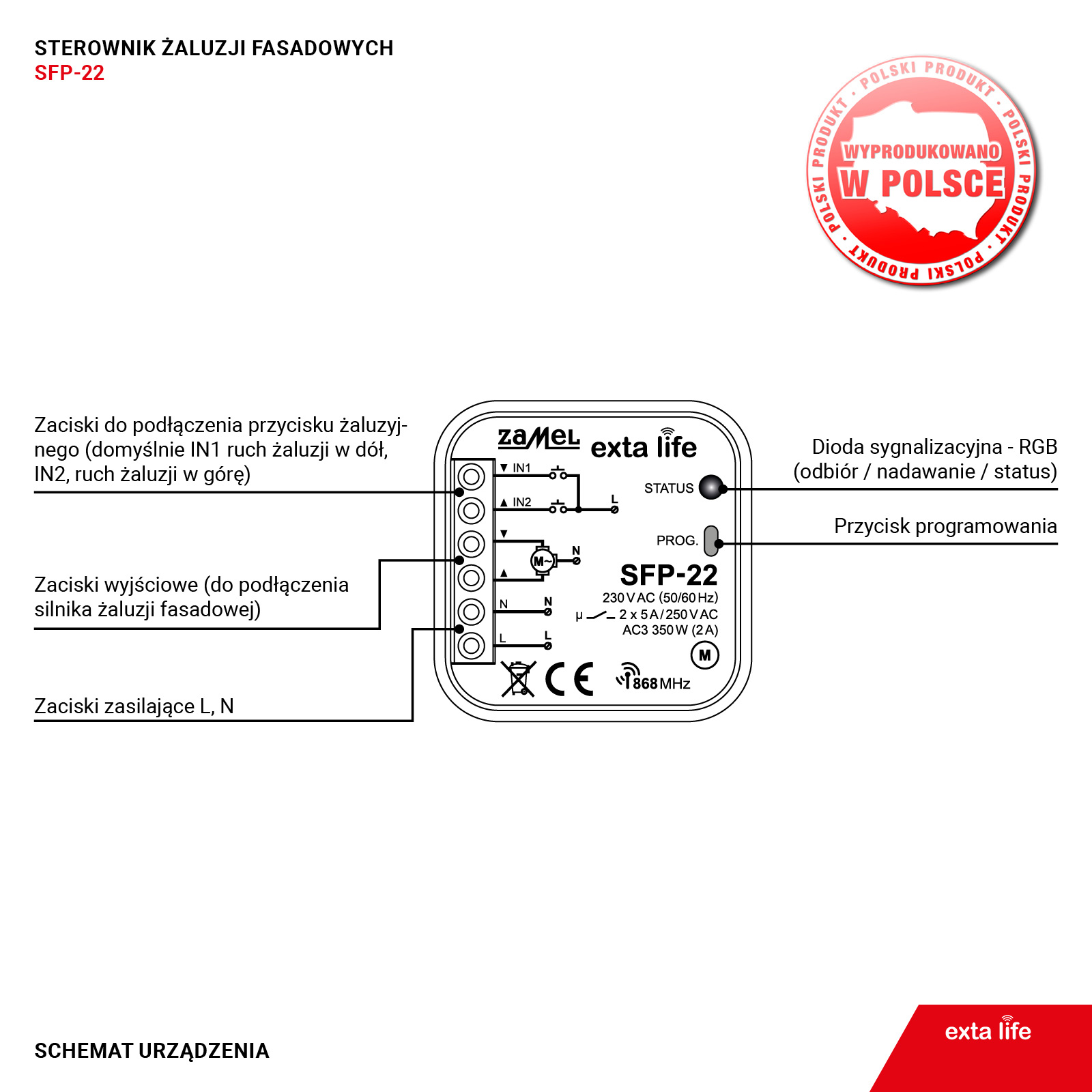 RADIOWY STEROWNIK ŻALUZJI FASADOWYCH DOPUSZKOWY DWUKIERUNKOWY TYP: SFP-22, EXL10000062, ZAMEL EXL10000062/ZAM 5903669496342