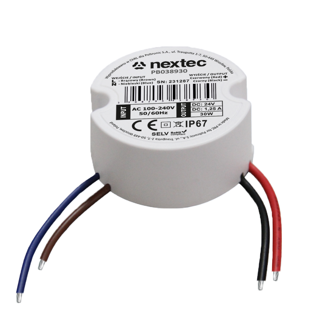ZASILACZ OKRĄGŁY 50mm / 24V / IP67 / 1,25A / 30W PB038930, POLTRONIC PB038930/POL 5908293938930 POLTRONIC S.A.