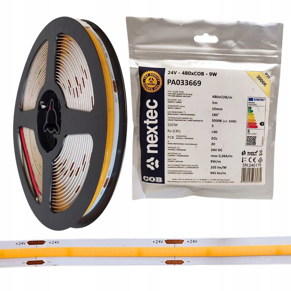 TAŚMA LED NEXTEC ST PA030699 12V 2835 9,6W 120 LED  IP20 3000K +/-100K 70lm/W RA>80 dł.5m szer.8mm PA030699/POL 5908293930699 POLTRONIC S.A.