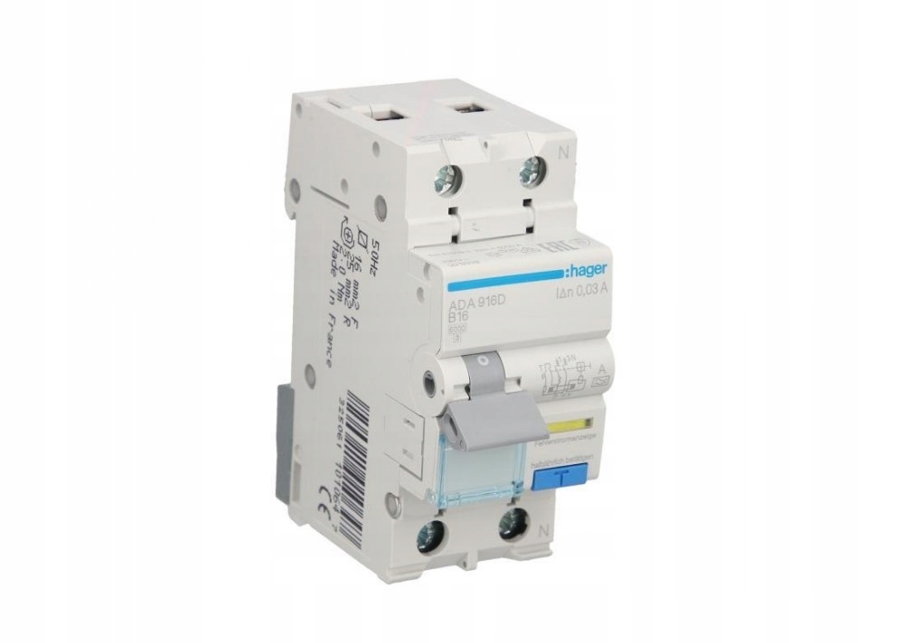 RCBO Wyłącznik różnicowoprądowy z członem nadprądowym 1P+N 6kA B 16A/30mA Typ A ADA916D/HAG 3250611010647 Hager Polo sp. z .o.