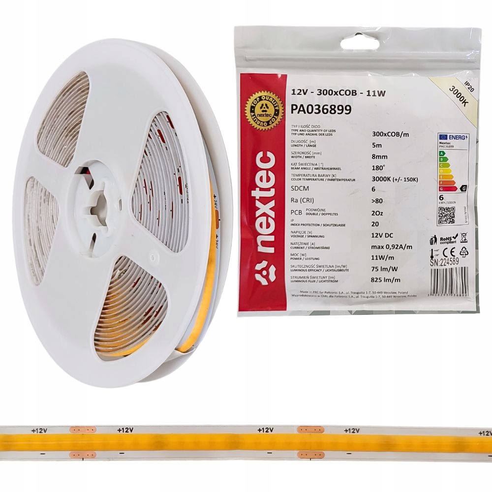 TAŚMA LED NEXTEX ST PA036899 12V COB11W 300 LED IP20 3000K +/-150K 90lm/W RA>80 dł.5m POLTRONIC PA036899/POL 5908293936899 POLTRONIC S.A.