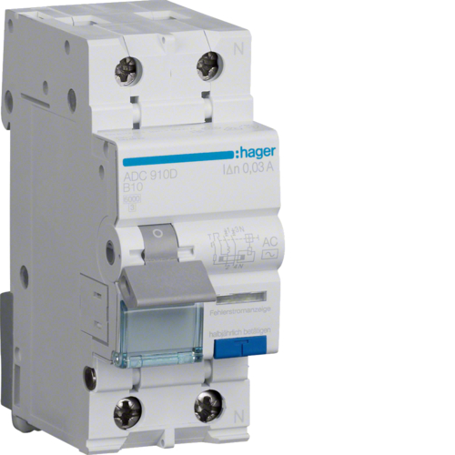 RCBO Wyłącznik różnicowoprądowy z członem nadprądowym 1P+N 6kA B 10A/30mA Typ AC ADC910D/HAG 3250611010791 Hager Polo sp. z .o.