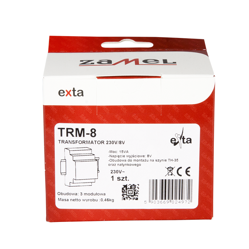 TRANSFORMATOR 230/8V AC 15VA TYP: TRM-8, EXT10000139, ZAMEL EXT10000139/ZAM 5903669024972