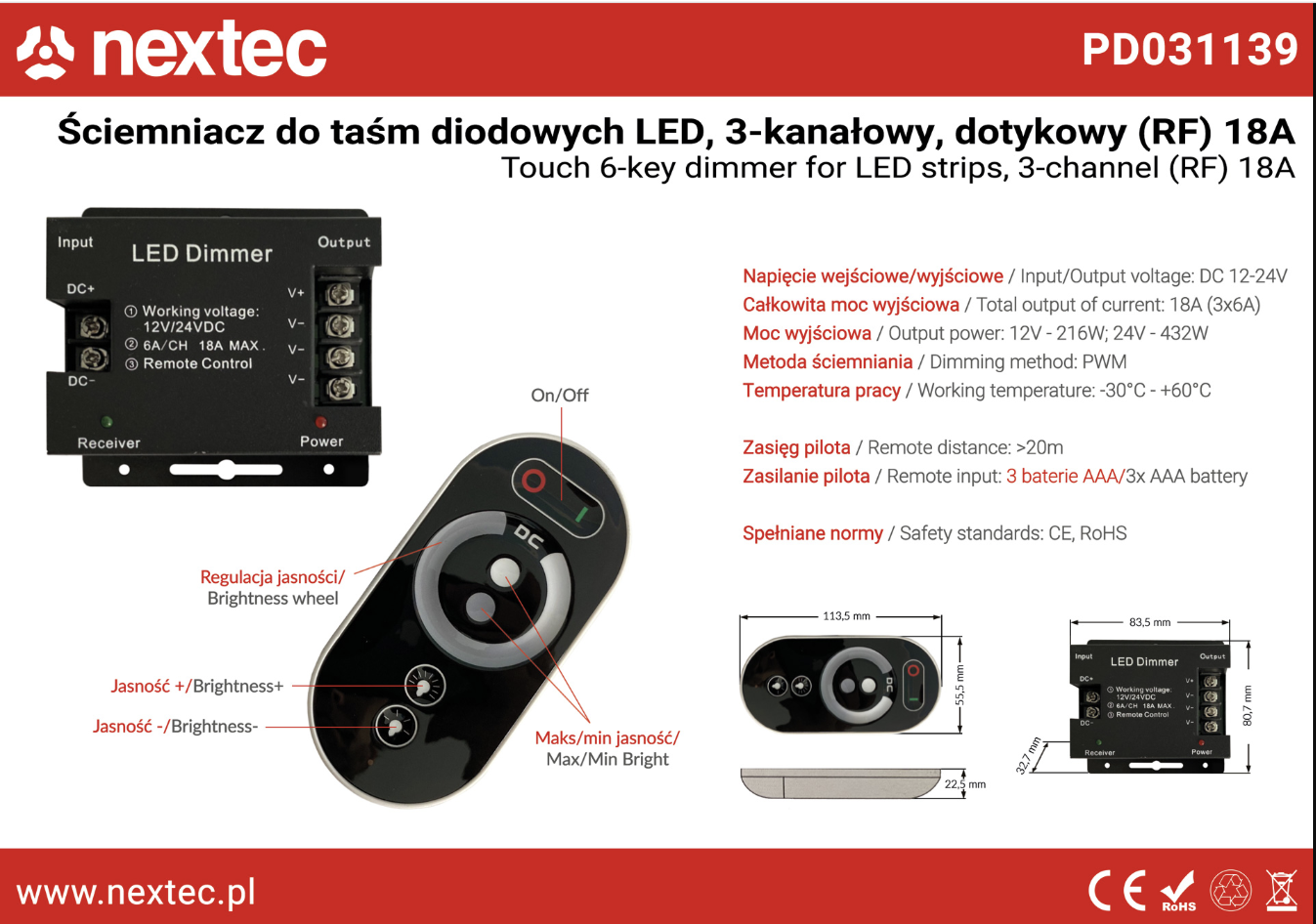 Ściemniacz do taśm diodowych LED jednokolorowych DOTYKOWY PD031139 POLTRONIC PD031139/POL 5908293931139