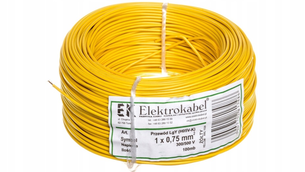Przewód instalacyjny LgY 1x0,75 (H05V-K) żółty, ELEKTROKABEL 5907702813486/EKB 5907702813486