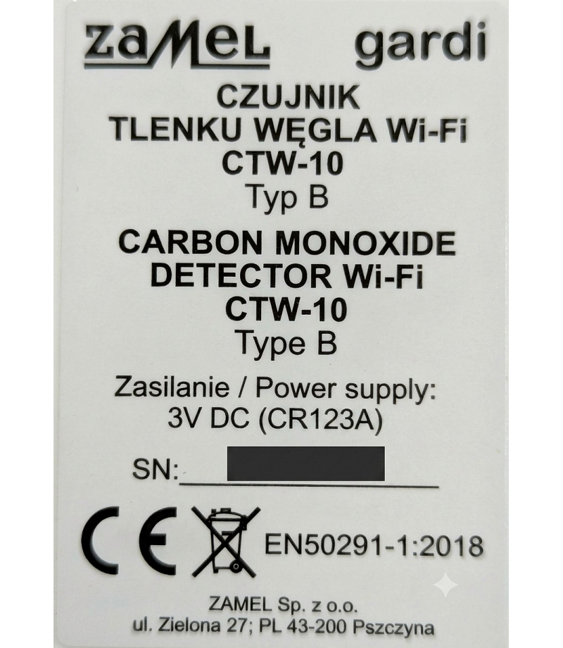 CZUJNIK TLENKU WEGLA WI-FI TUYA TYP: CTW-10 ctw-10, GAR10000082-WUN, ZAMEL GAR10000082-WUN/ZAM 5903669501503